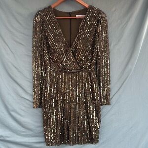 NWOT Mac Duggal LONG SLEEVE SEQUINED MINI DRESS Olive Green Bling Glam Gold